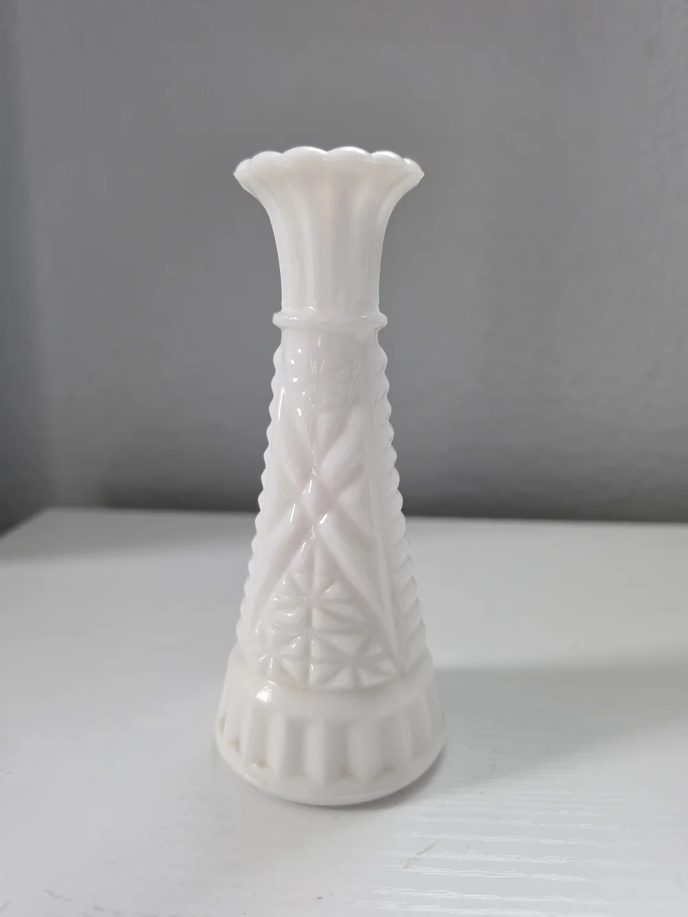 Anchor Hocking White Milk Glass Bud Vase with Scalloped Rim